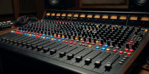 Audio mixing console with lit buttons and analog faders in recording studio