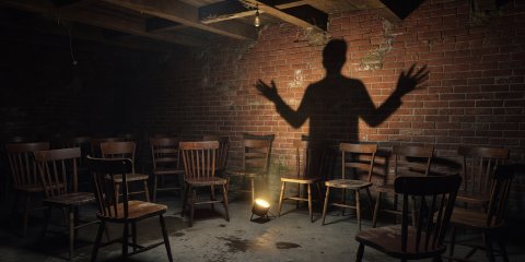 Dimly lit cellar comedy club with wooden chairs and brick wall backdrop