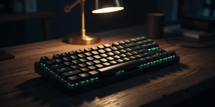 Mechanical keyboard lit by green and warm amber desktop lamp